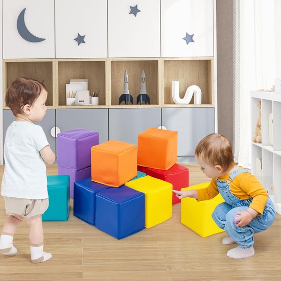 COSTWAY Zachte Schuimrubberen Bouwstenen voor Baby’s en Kinderen - 12-delige Set, 14x14 cm, Veilige en Kleurrijke Klimblokken van EPE Schuim met PU-Hoes, Veelzijdig Speelgoed voor 1+ Jaar van COSTWAY — afbeelding 4