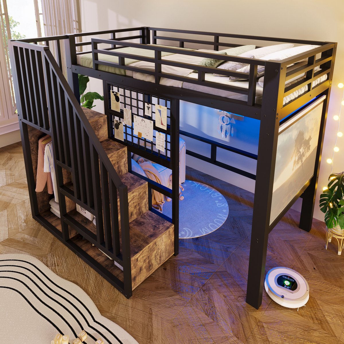 Merax Hoogslaper 90 x 200 cm - met LED-verlichting - opbergleuning met trap - reling - kledingstang - zonder matras - zwart
