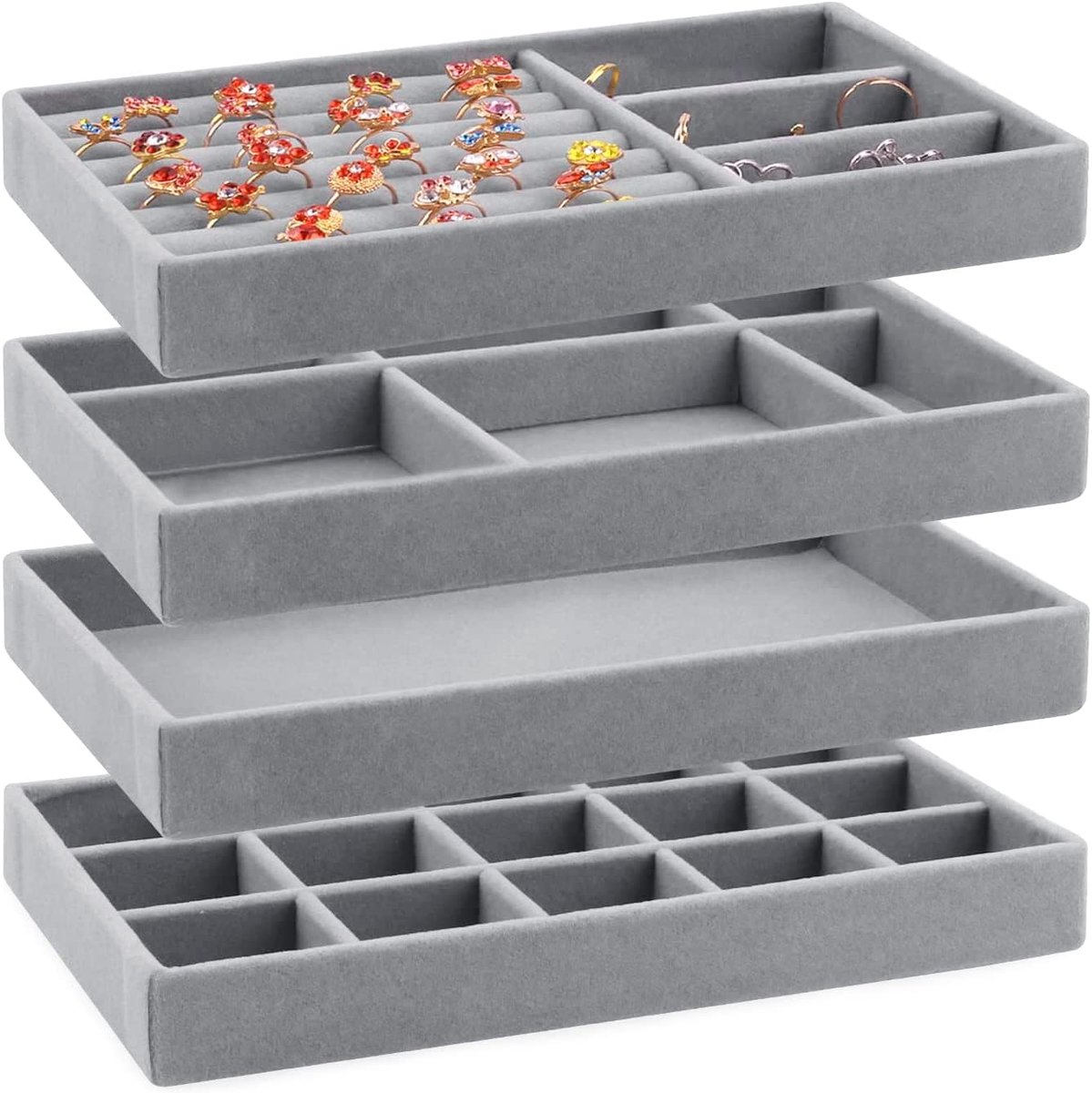 Opbergschaaltjes Organizer Schaal voor Sieraden Stapelbare Sieraden Organizer Sieraden Houder Voor het Opslaan en Tentoonstellen van Oorbellen, Kettingen, Ringen 4 Stuks (Grijs)