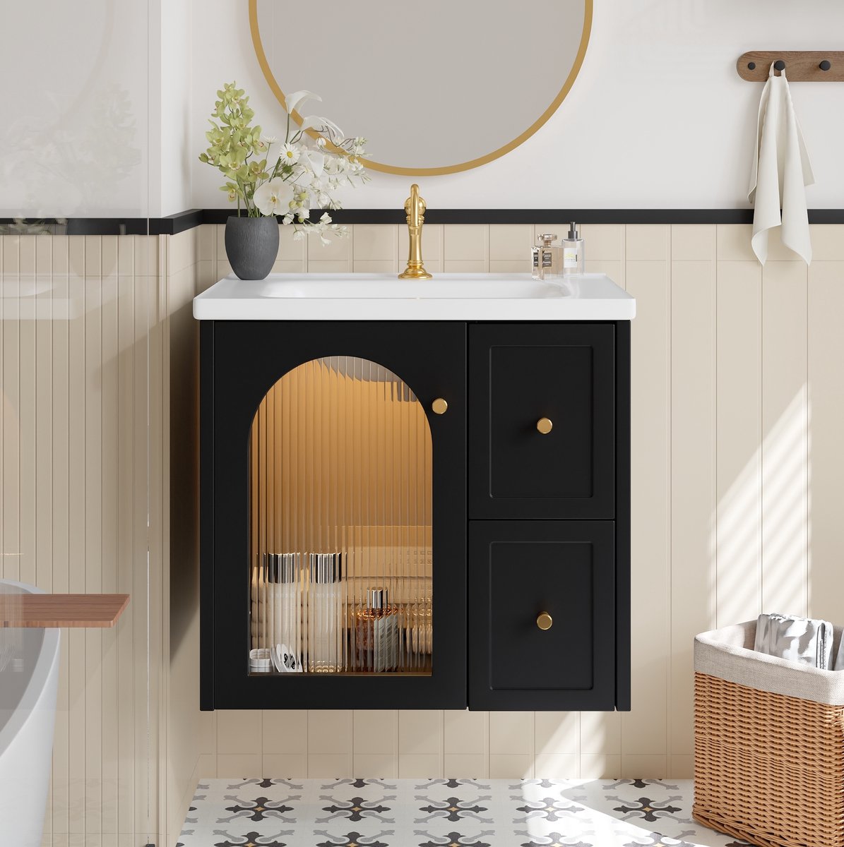 DESMIU Badkamermeubel - Wandgemonteerde Onderbouwkast Met Keramische Wastafel En LED - Voor Badkamer - MDF - 60,5x47,5x57 Cm - Zwart