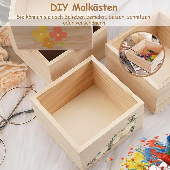 Dozen, 4 stuks Wooden Storage Craft Box, 8x8x4 cm Craft Rustieke houten kisten, houten dozen voor knutselwerk, kleine vierkante houten kist, voor droogbloemen, tafeldecoratie — afbeelding 3