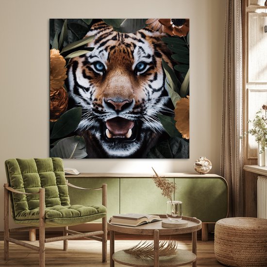 Affiche Tigre - Feuille - Animaux - 100x100 cm XXL