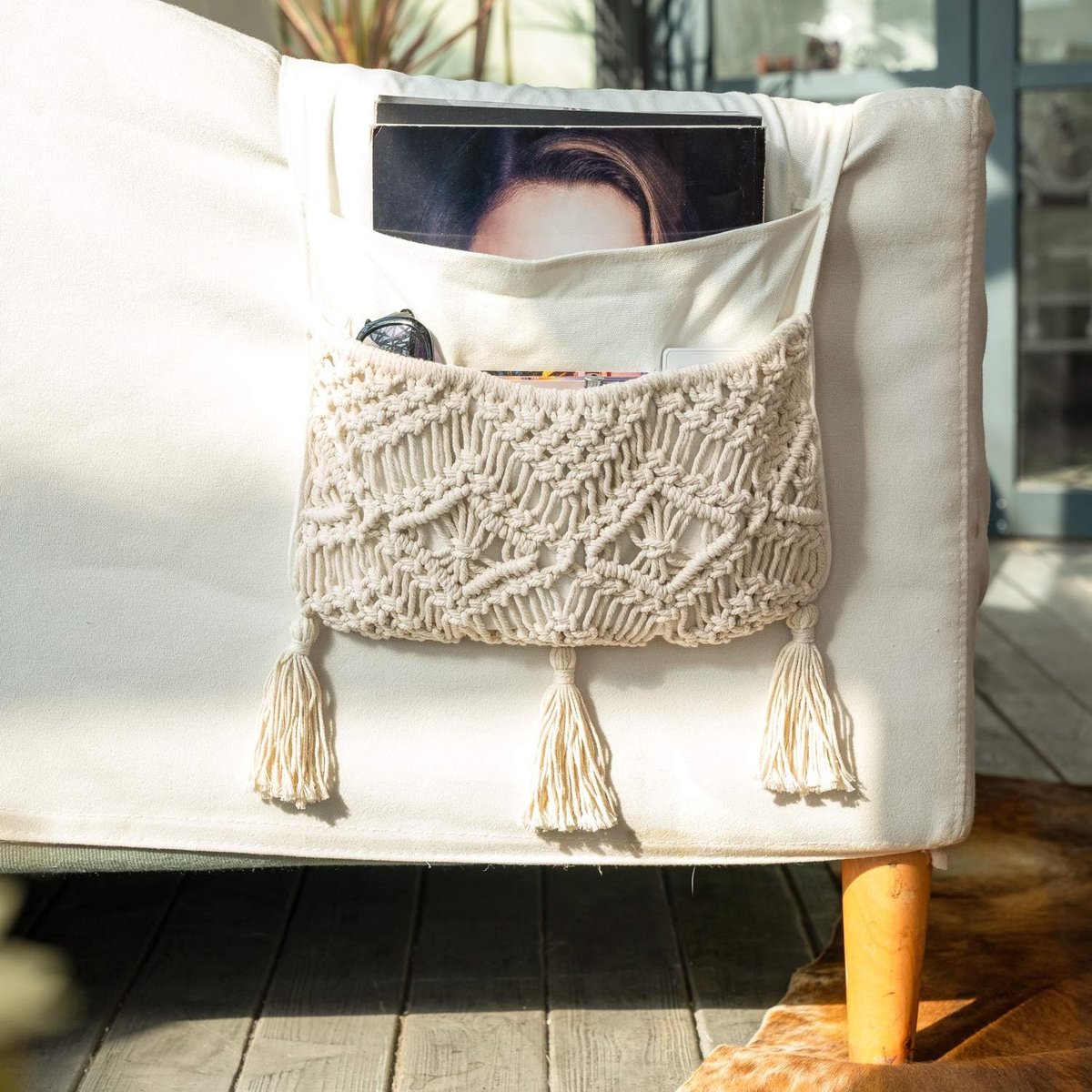 Macrame Sofa Armsteun Organizer Afstandsbediening Houder Magazine Rack Opbergmand op Bank Stoel Arm voor TV Afstandsbediening, Magazine, Boeken, Mobiele Telefoon, iPad, Woonkamer Slaapkamer, Boho Home Decor