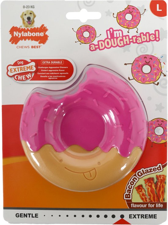Nylabone Extreme Chew donut met roze glazuur en bruine onderkant, 'Bacon Glazed' smaak, maat L.