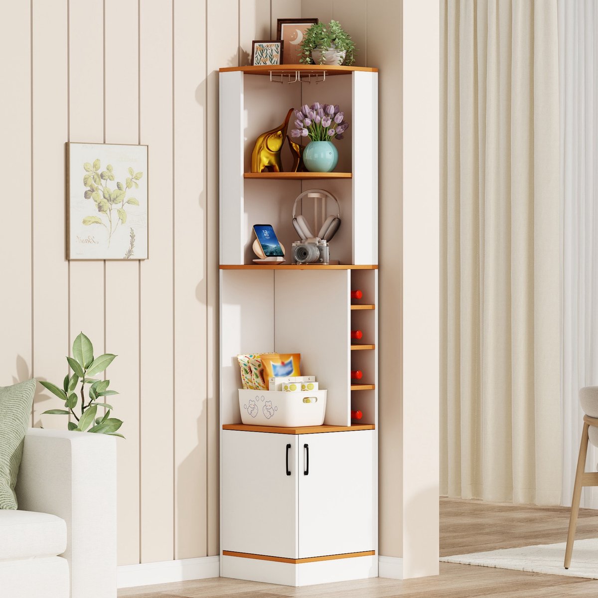 HAUSS SPOLE Hoekkast Wijnkast - Ruimtebesparend Hoekontwerp Met Glasrek En 2 Deuren - Voor Keuken En Woonkamer - MDF - 40x40x182 Cm - Wit