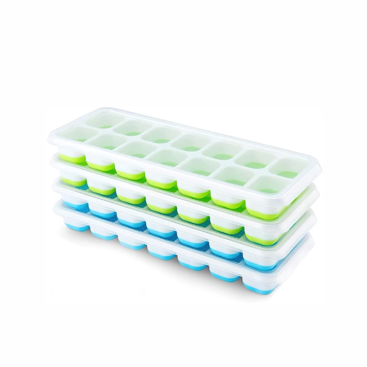 4-delige ijsblokjesvorm - IJsblokjesvorm met deksel - IJsblokjesvorm met 14 vakjes - Stapelbare ijsbox - 22 × 9 × 2,55 cm - Blauw/groen - Kunststof