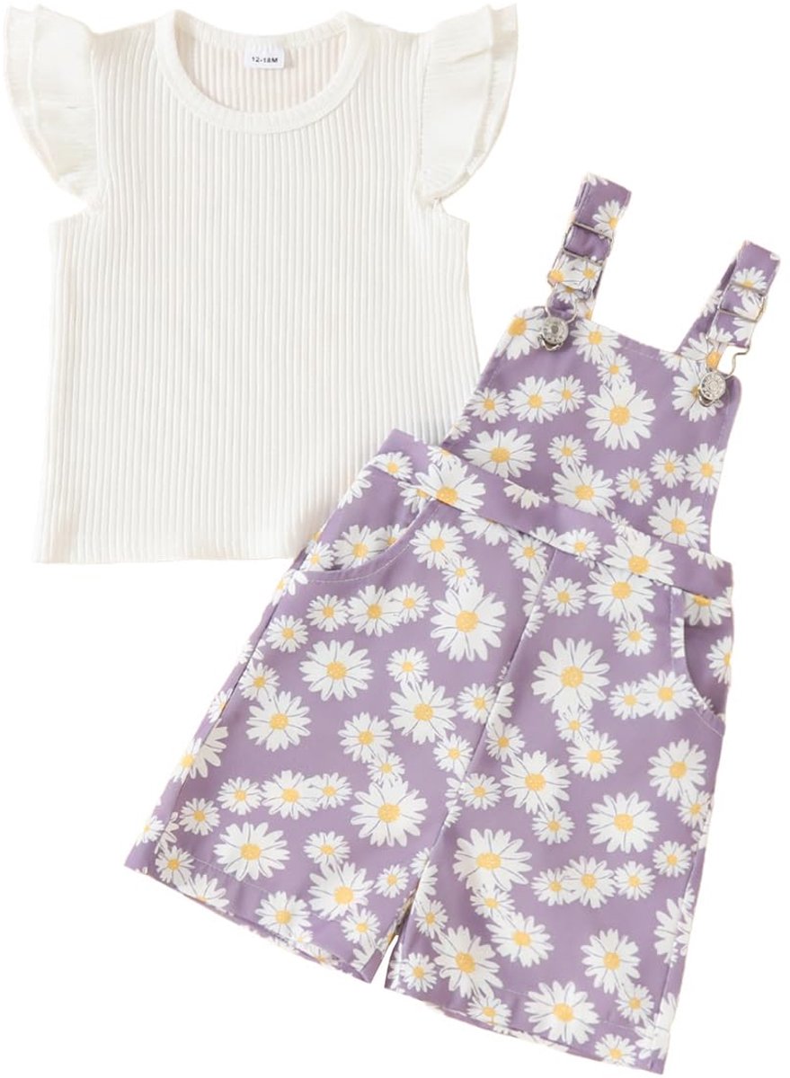 SnelShoppen - Geribbelde Top met Korte Mouwen en Shorts voor Meisjes, 2 Stuks Kinderset met Schattige Madeliefjes, Zomer Kleding, Paarse Bloemenprint,