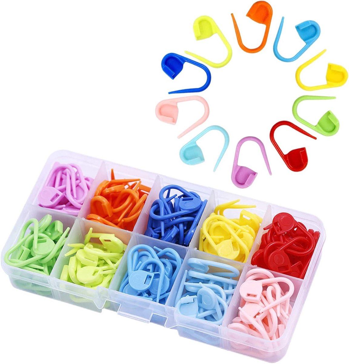 150 Stuks Haakmarkeerders en Vergrendelbare Naaldclips met Opbergdoos voor Breien en Haken in 10 Kleuren, Perfect voor Creatieve Projecten