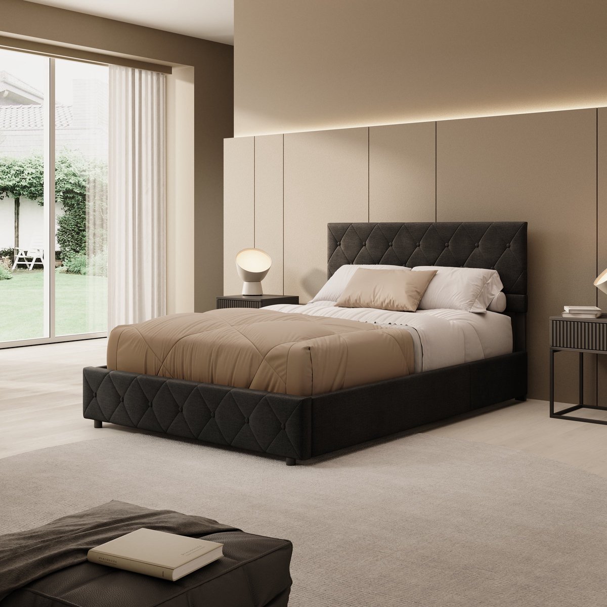 Meubella - Hernandez - Tweepersoonsbed - Velvet zwart - 140x200 cm