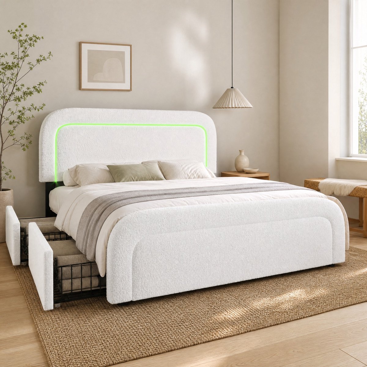 Gestoffeerd Bed 160x200cm – Bedframe Met USB Type C En LED-verlichting – 4 Lades Voor Opbergruimte – Voor Volwassenen – Sherpa – Wit – Zonder Matras