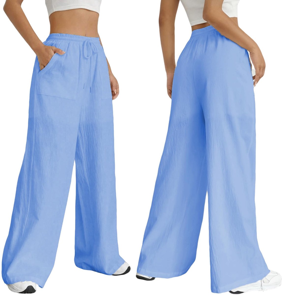 SnelShoppen - Dames Zomerwijdebroek Katoen en Linnen met Trekkoord, Elastische Taille, Lichtgewicht en Losse Lange Yogabroek voor Strandvakantie - Hem