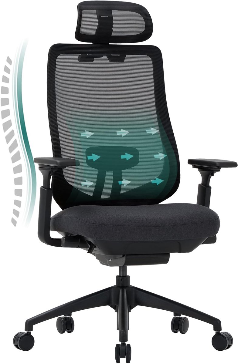 SnelShoppen - Ergonomische mesh-bureaustoel met hoge rugleuning, verstelbare hoofdsteun, 4D-armleuningen, schuifzitting, kantelblokkering, nylon basis