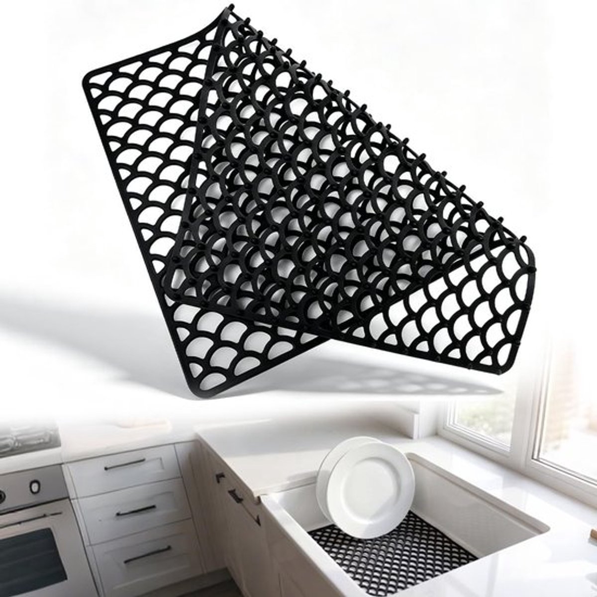 Siliconen afdruipmat voor spoelbak, hittebestendig en schokdempende gootsteenbescherming, 46 x 32 cm, ideaal voor keuken en afwas