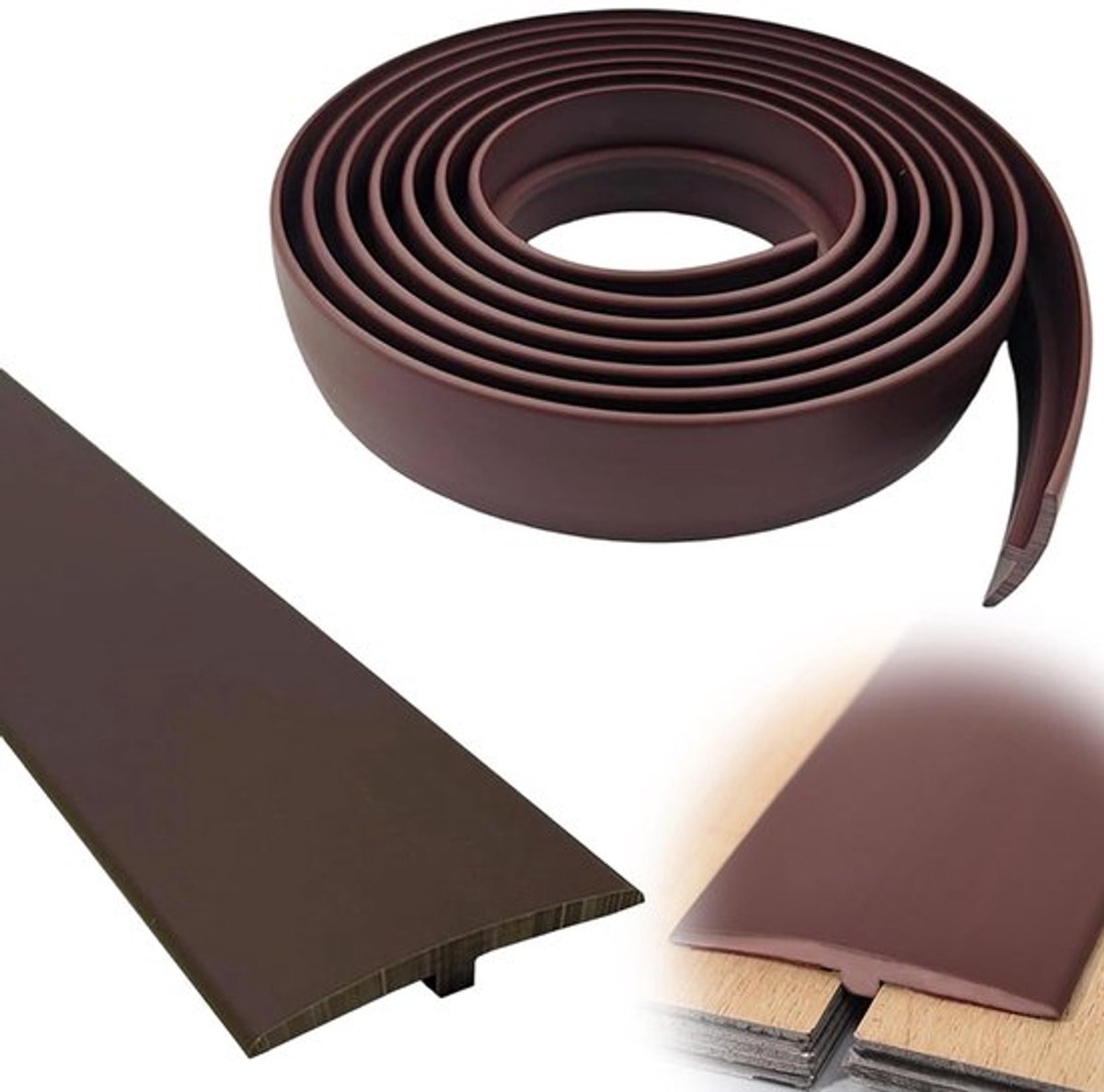 Overgangsprofiel T-profiel 300 cm, zelfklevende overgangsstrip van PVC, vlakke drempelstrip voor laminaat, tegels en vloerovergangen, binnenafdekking (bruin)