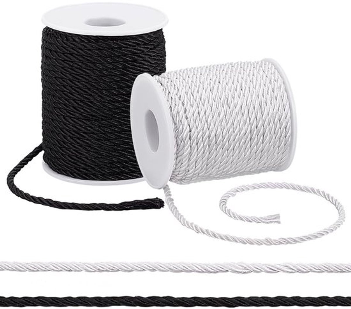 Satijnkoord 50 m - 3 mm - 2 Rollen - Gedraaid Polyester - Wit/Zwart - Perfect voor Feest/Decoratie - Koord