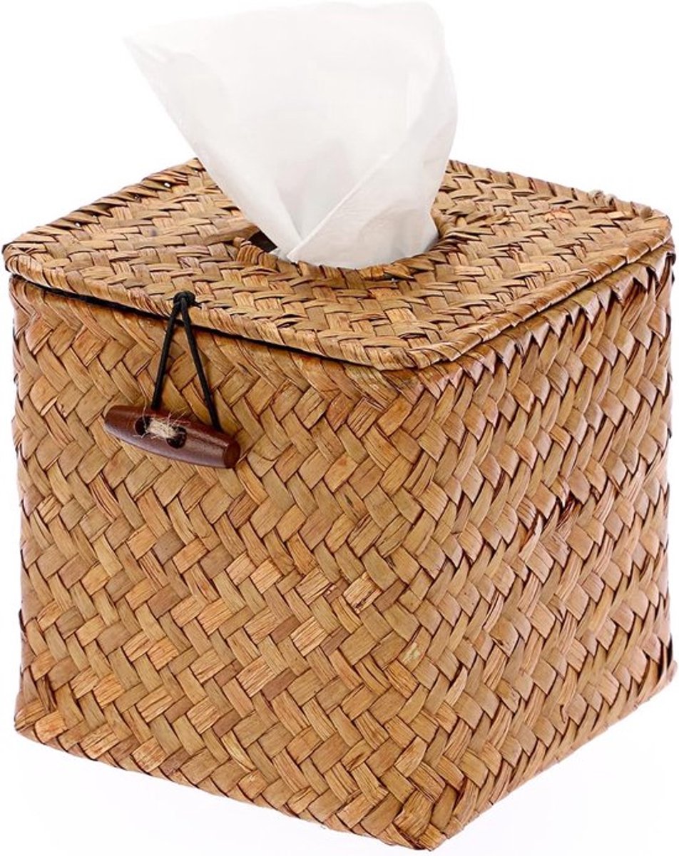 Decoratieve Vierkante Zeegras Tissuebox - Wicker Papieren Houder voor Keuken, Badkamer en Kantoor, Organiser voor Tissue en Servetten in Caramel Kleur