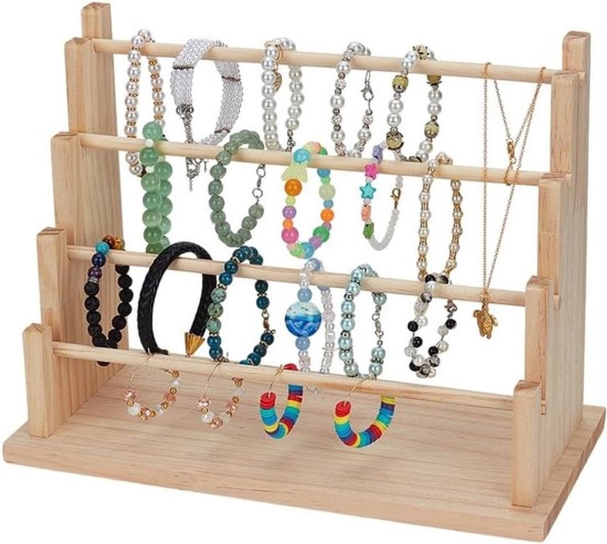 Armband Display Stand Houten Sieradenopberger 4-Lagen Wit 32x15x24cm - Armbandhouder Scrunchie Organizer - Opbergstandaard voor Armbanden - Winkel Showcase en Thuis Opslag