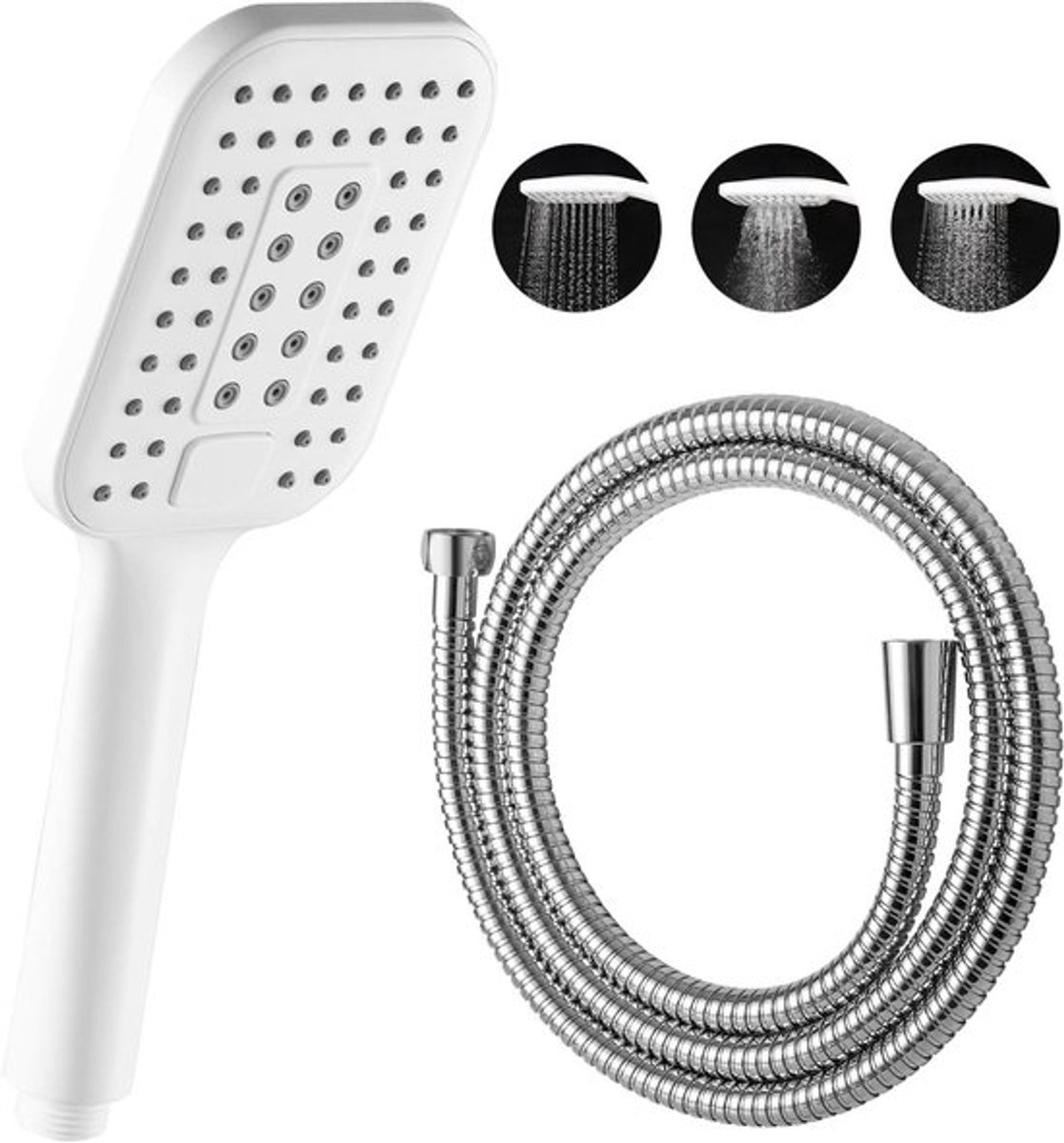 Douchekop met 1,6m slang en 3 straalsoorten - Waterbesparende handdouchekop voor badkamer - Chroom vierkant 12x9cm - Wit