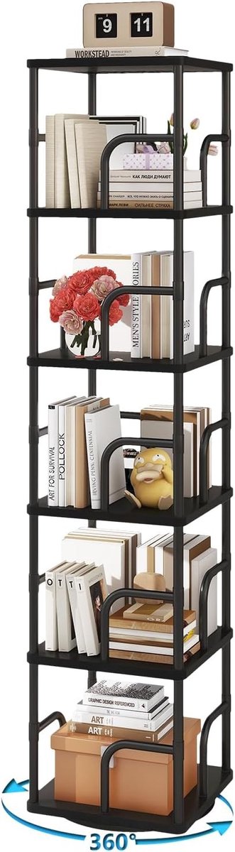 Zeslaag Rotating Boekenplank, 360° Draaibare Boekenhouder, Moderne Boekenkast voor Hoekopslag in Slaapkamer en Woonkamer, Zwart