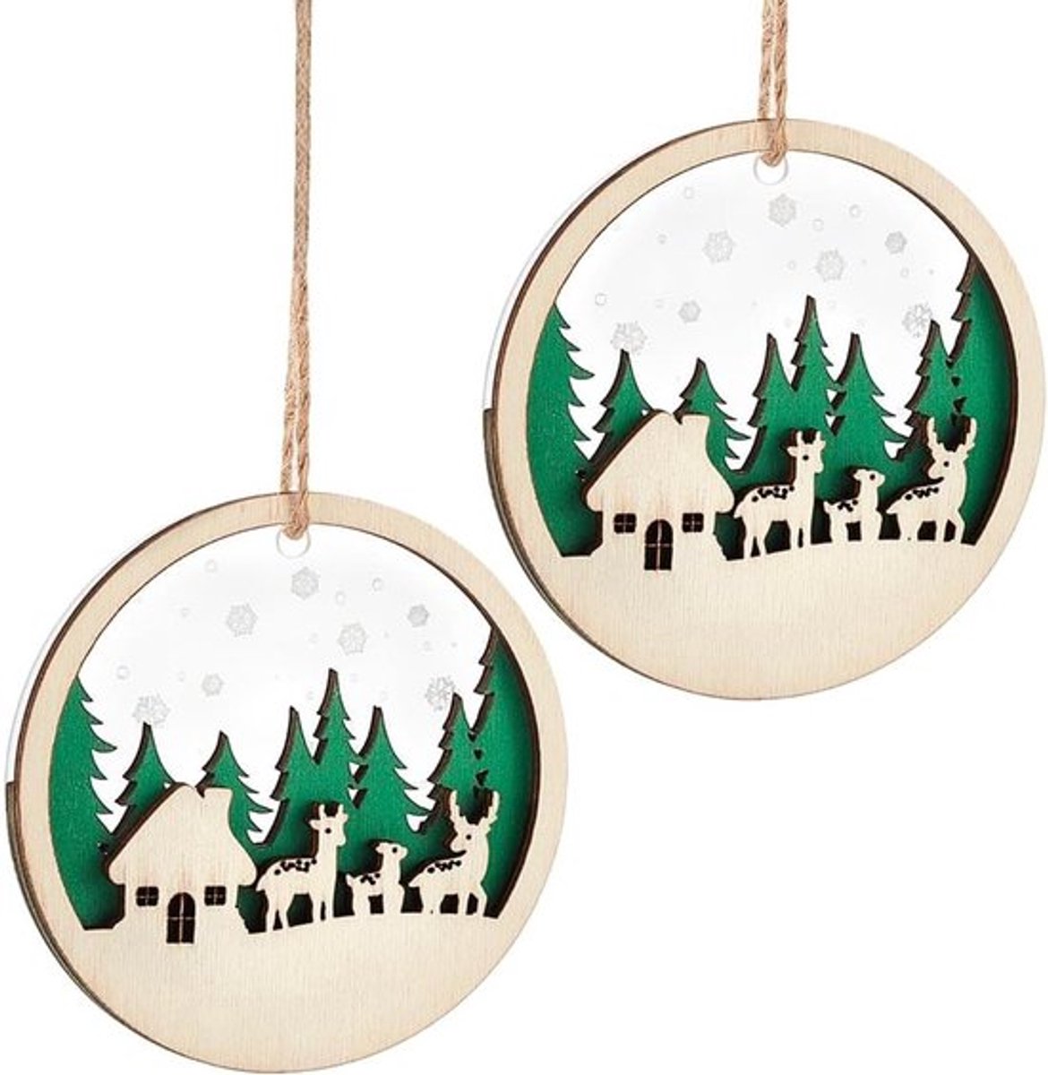 Houten Kerstboomhangers - Rustieke Rendierhuis Ornamenten 9 cm (2 stuks) - Bos Rendierhuis Decoratie - Kerstdecoratie met Natuurlijke uitstraling