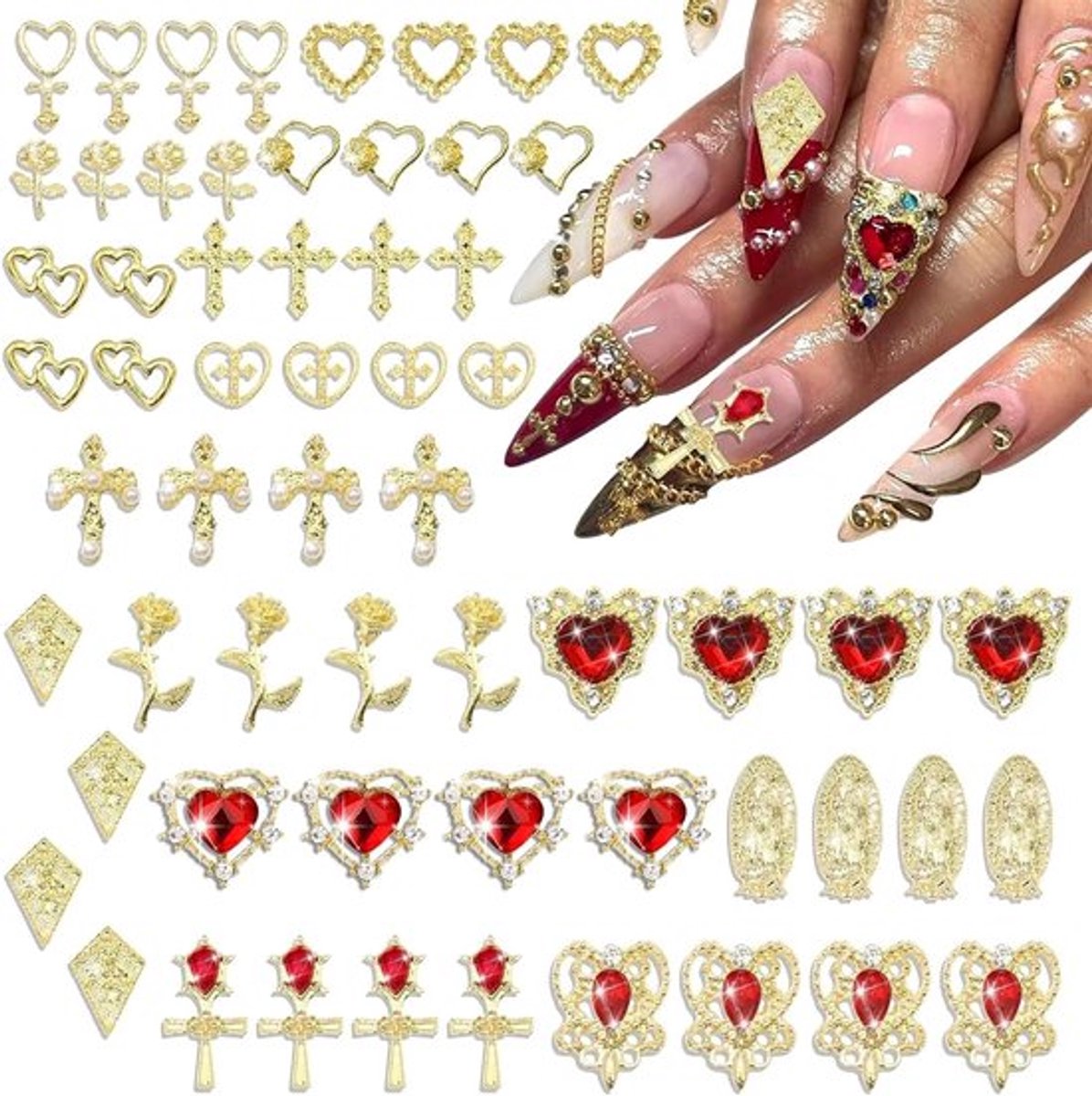 Set van 60 gouden nagels, 3D nageljuwelen, nagelversiering met 15 verschillende ontwerpen zoals harten en kruisen, duurzame nagelaccessoires voor een unieke look