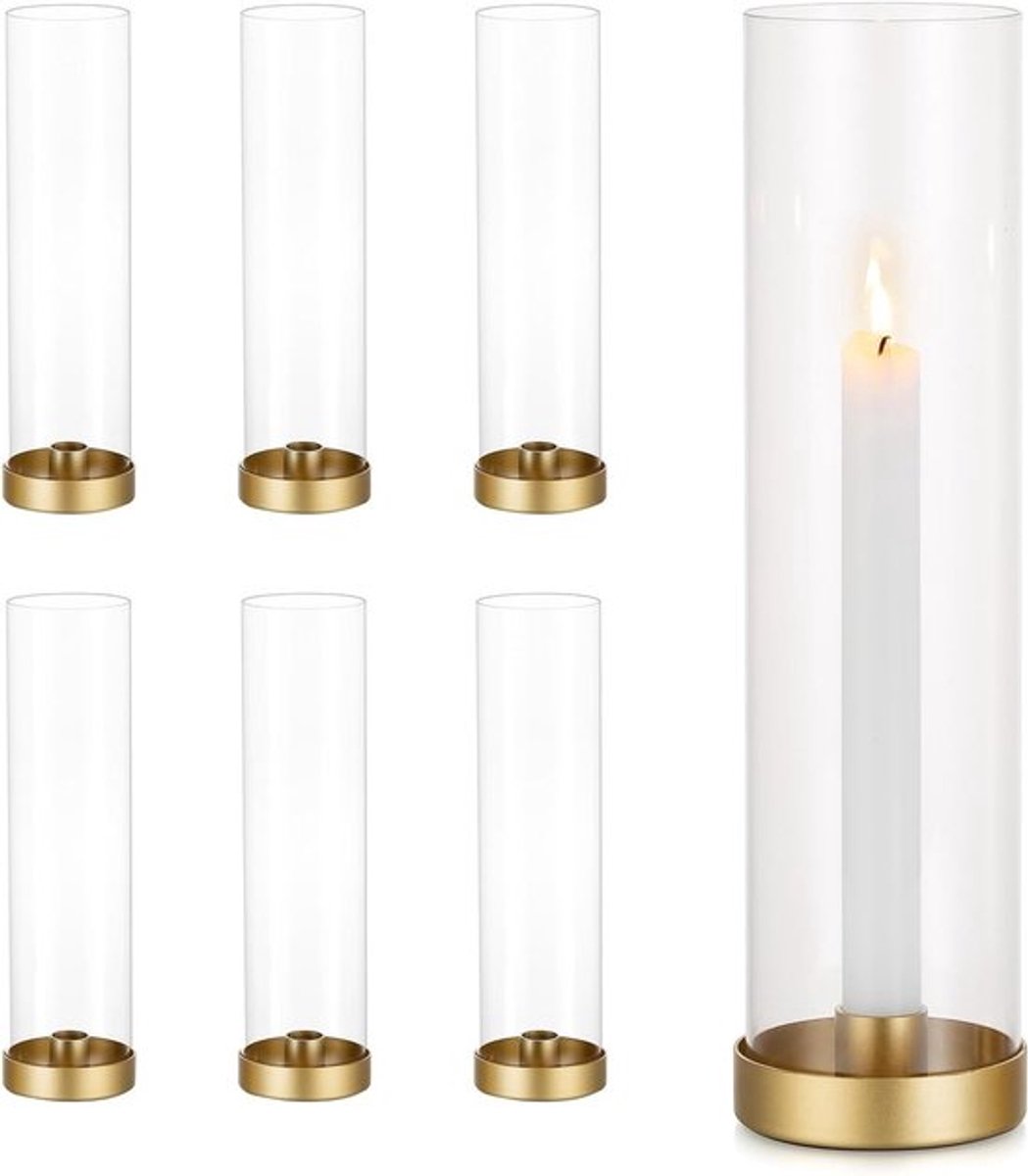 Set van 6 Gouden Hurricane Kaarsenhouders voor Bruiloften - Decoratieve Metalen Kaarsenstandaards met Verwijderbare Glazen Taper Kaarsenhouder voor Eetkamer en Salontafel Decoratie