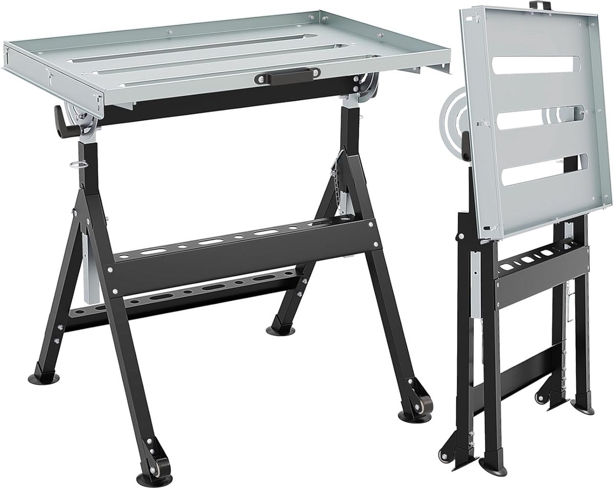 SnelShoppen - Mobiele Werkbank Inklapbaar Tot 180 kg, Lastafel Met Wielen, Gereedschapsplanken, 4 Instelbare Hoogtes, Stabiel Metalen Frame, Ideaal Vo