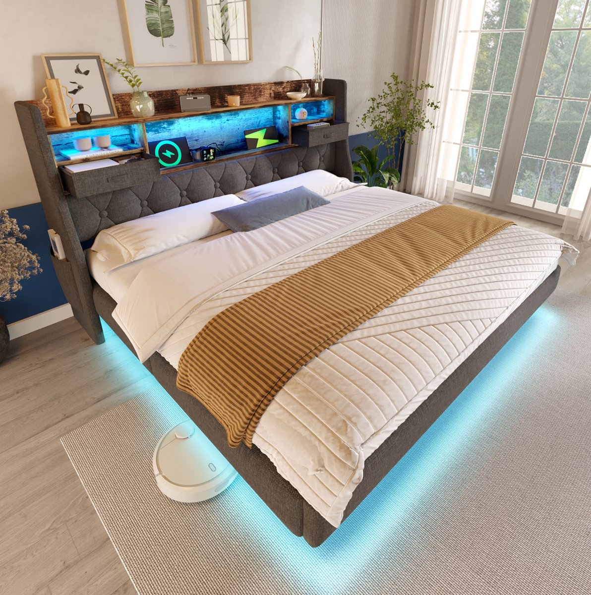 Bedframe 140x200 Cm Met Led Verlichting Hoofdbord Met Opbergruimte En Oplaadstation Lattenbodem Voor Volwassenen Stof Grijs Zonder Matras