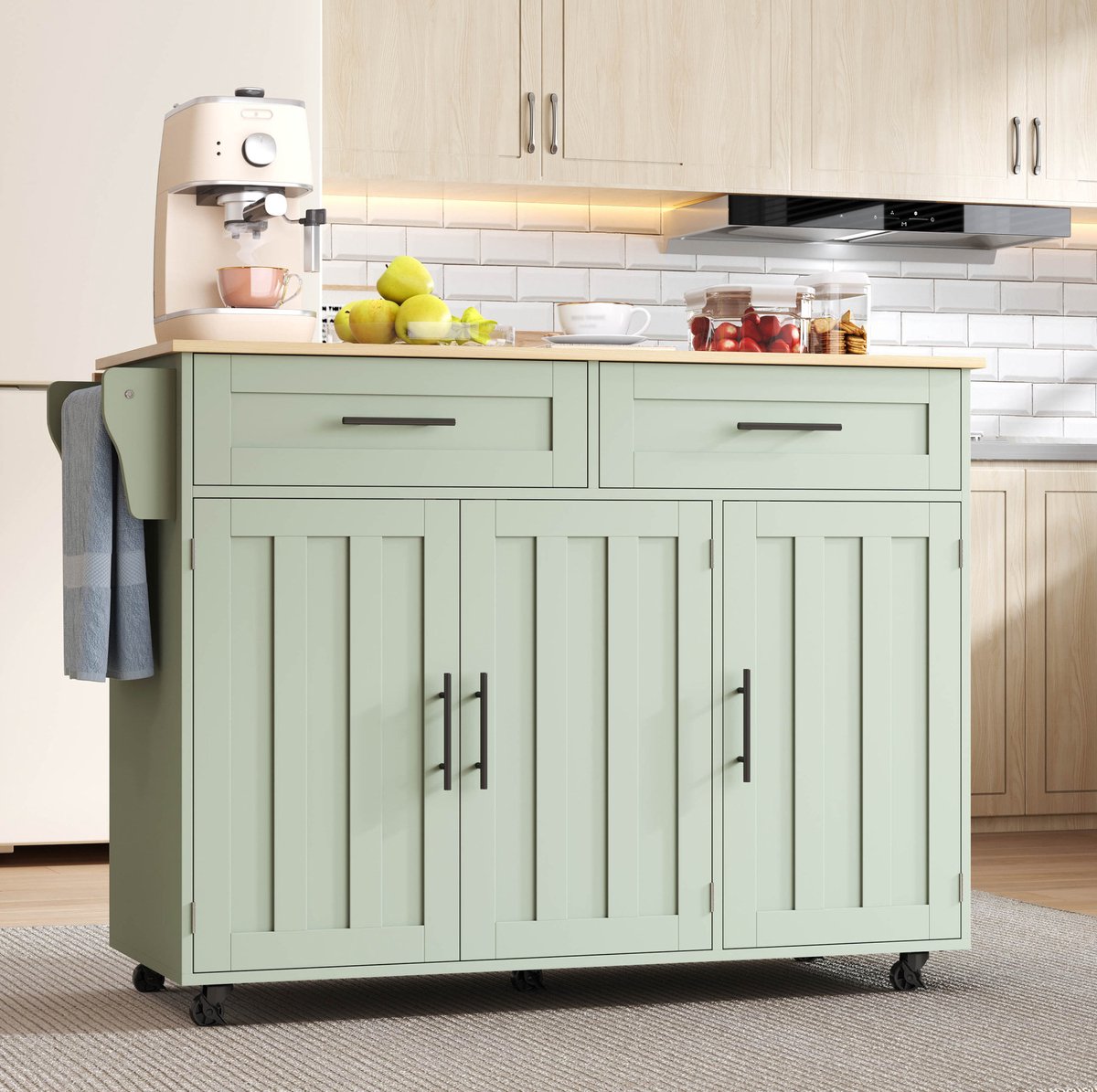 COVREO Keukenkast 129x46x91,5 cm antiek groen, MDF met uitklapbaar blad