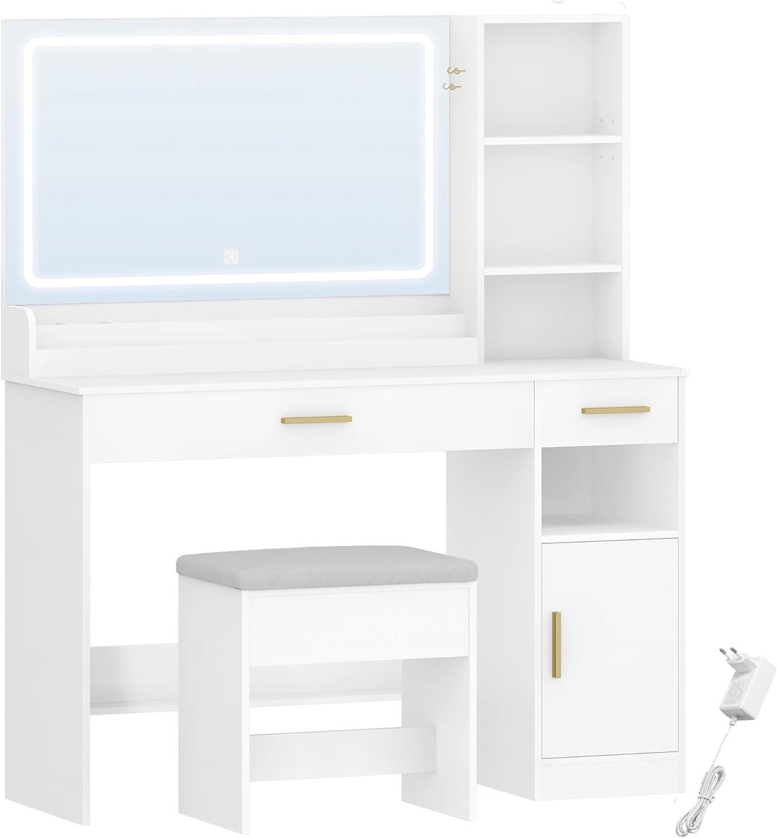Hzuaneri Kaptafel met Kruk, Kaptafel met Grote LED Spiegel, met 3 Kleuren Ledverlichting, Make-up Bureau, 2 Laden, 4 Compartimenten en 1 Kast, 40 x 108 x 141 cm, Wit