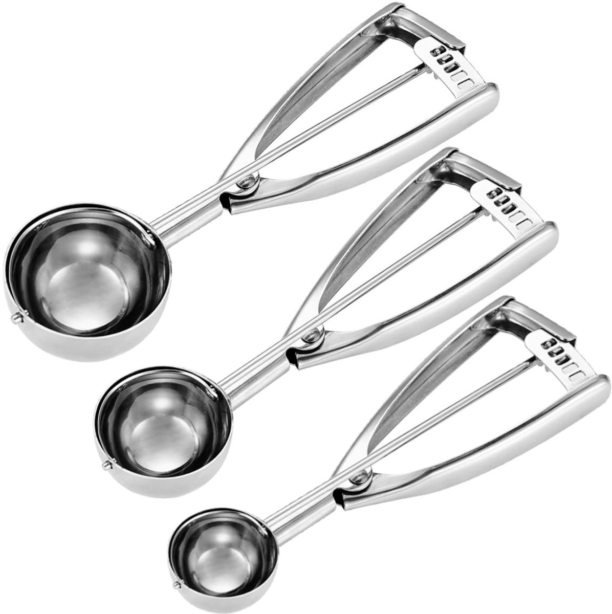 QTTVBTNA -IJslepel - Koekjesschep - Portieschep - Set van 3, 18/8 RVS - 3 maten - 15/30/45 ml - Met trekkersysteem - Vaatwasmachinebestendig - Voor koekjes, ijs, cupcakes, gehaktballen - Cadeau voor bakkers