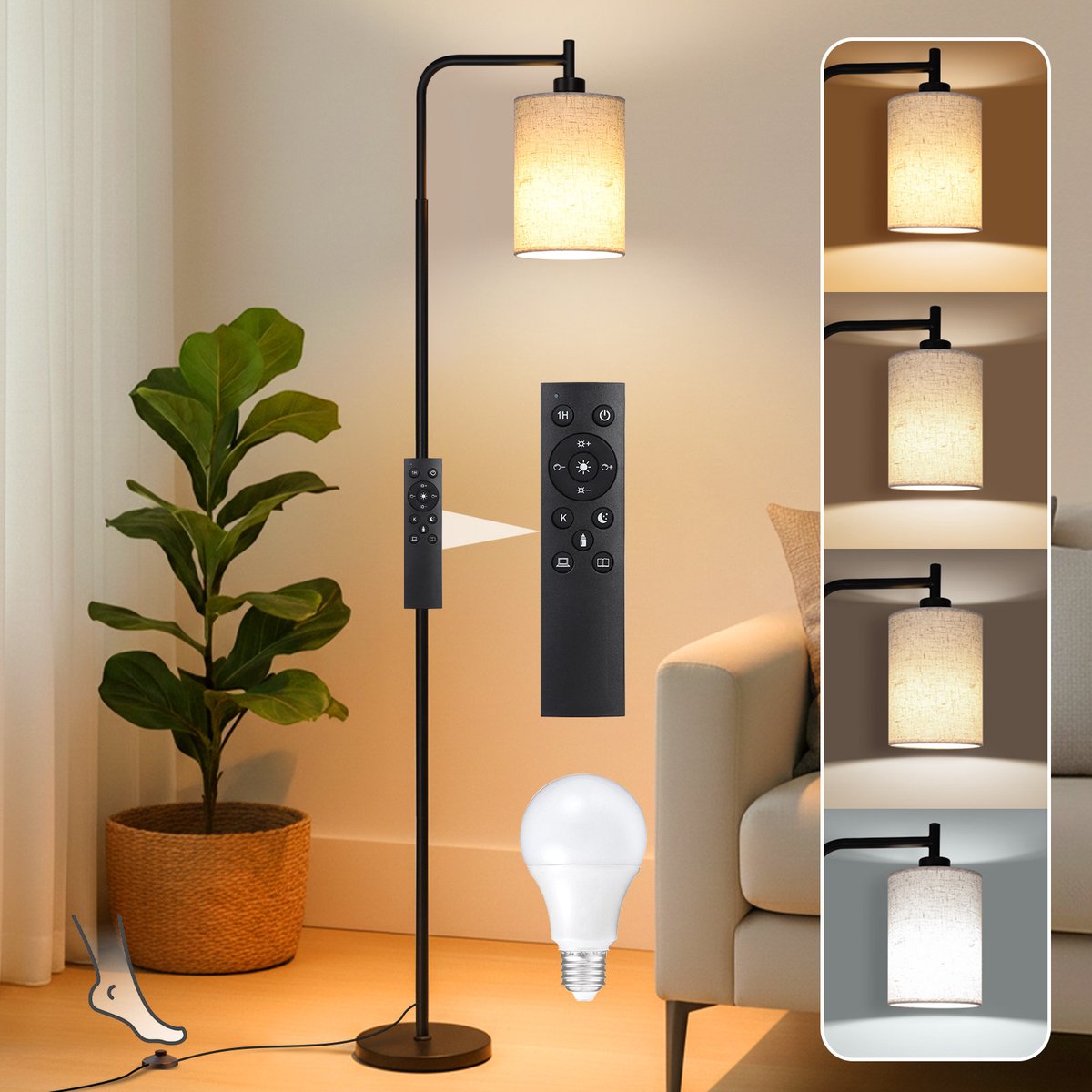 Lapamax Dimbare Vloerlamp met Linnen Lampenkap - 12 W E27 LED-Lamp met Afstandsbediening - 3000-6500 K - Timer en Voetschakelaar - Zwart