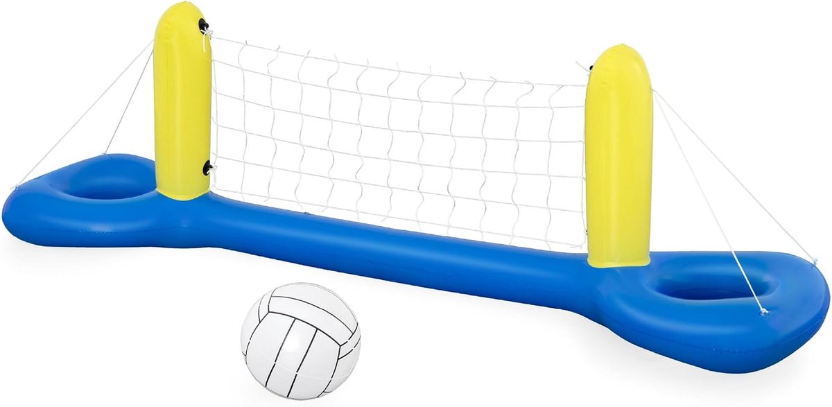 Opblaasbaar volleybalspel met bal - Blauw en Geel - Drijvend - Vinyl - 244 cm x 64 cm - Zwembadspel - Strandspeelgoed - Vanaf 3 jaar