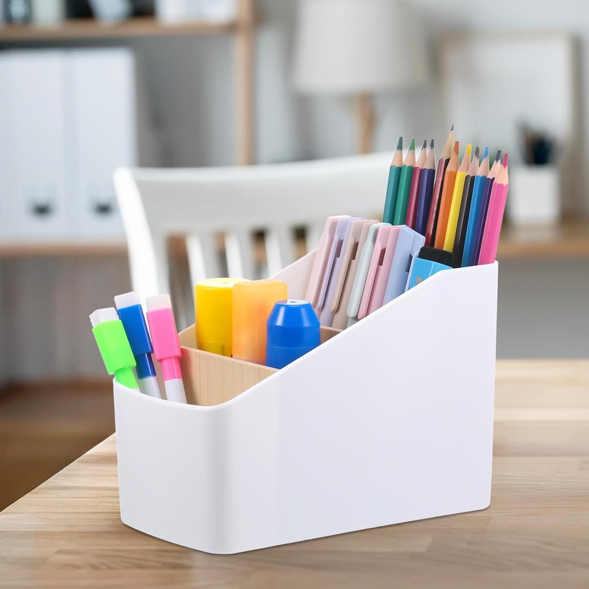 SnelShoppen - Zocipro Bureau-organizer, Pennenorganizer, Schrijfgereivak, Kantoorpennenhouder, 4 Vakken, Bamboe, Wit, Bureau-organizer voor Pennen, Co
