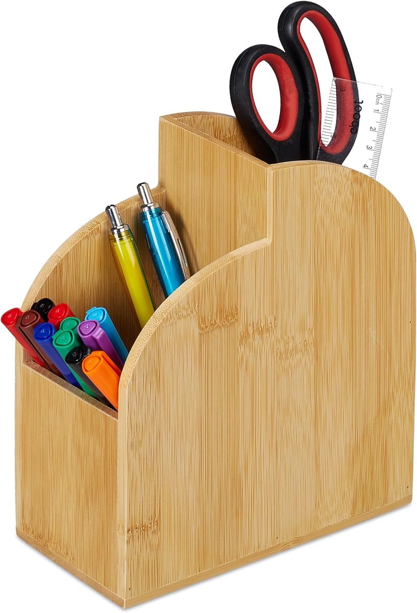 SnelShoppen - Relaxdays Pennenhouder Bamboe Bureau-Organizer Natuurlijke Kleur, 5 Vakken, Duurzaam, Perfect voor Thuiswerk en Kantoor