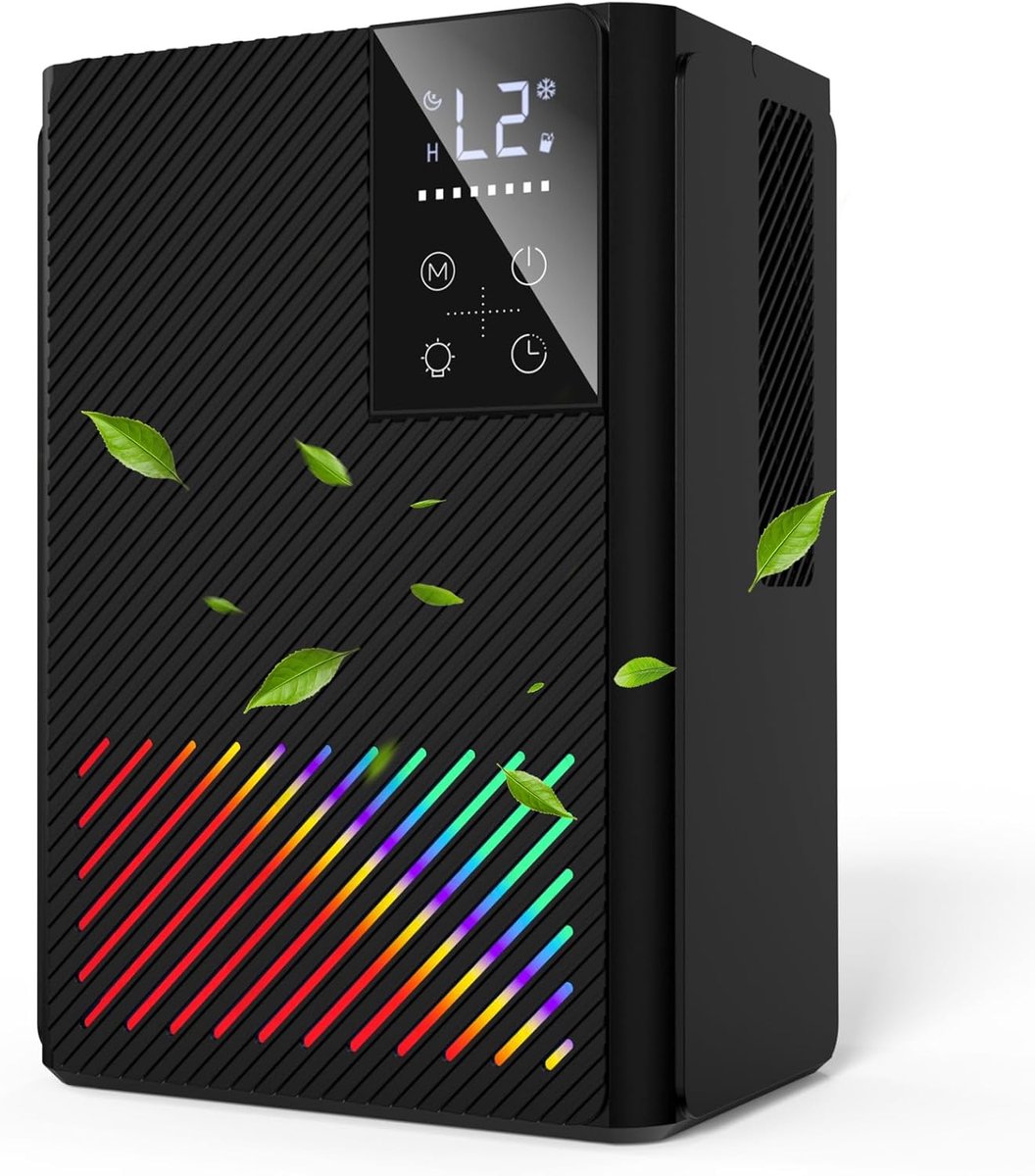 SnelShoppen - Elektrische Luchtontvochtiger 2500 ml - Ultra Stille Luchtontvochtiger met LED-Display, Timer en Ontdooi-functie - 7 Gekleurde Lichtopti