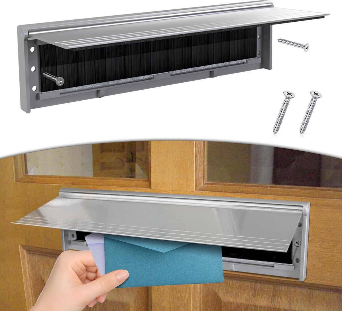 SnelShoppen - Briefkastdeksel met borstel, 11,5'' brievenbusklep voor voordeur, aluminiumlegering postletterbord, brievenbus sleuven wandmontage, zilv