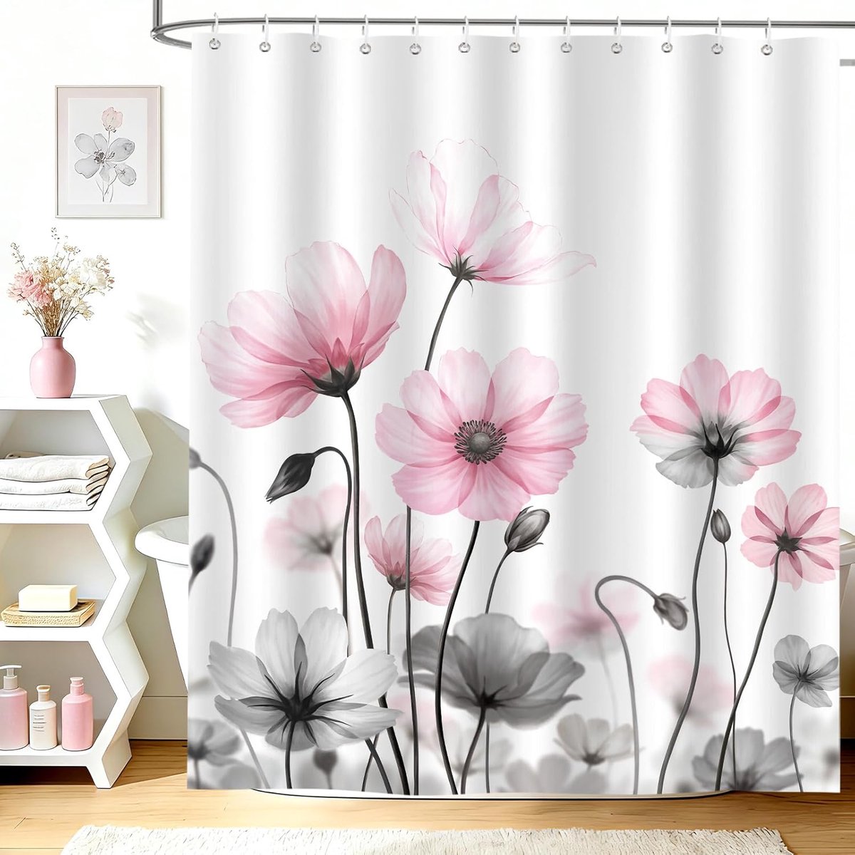 SnelShoppen - Elegante Duschvorhang 180 x 200 cm in Rosa en Grijs met Gänseblümchen - Waterdicht Polyester Badkamer Accessoire met 12 Ringen voor Stij