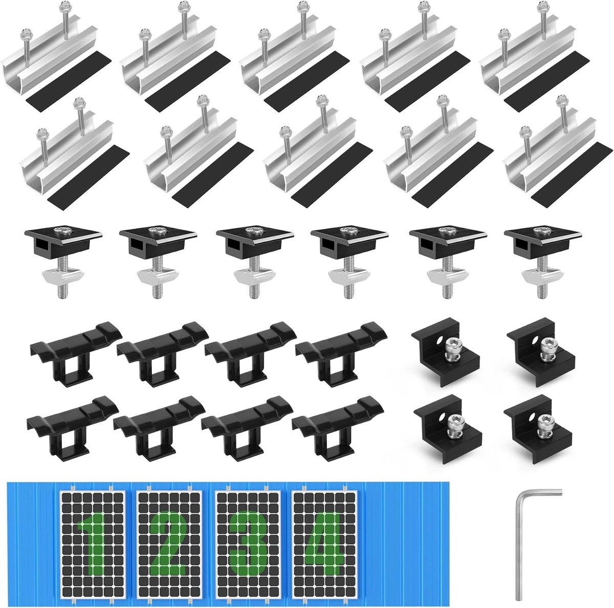 Montagekit voor Zonnepanelen, Bevestigingsset voor 4 Modules, Waterafvoer Clips en Verstelbare Klem voor Platte Daken