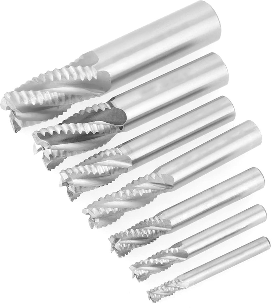 7-delige set met 4 groeven, 6-20 mm, HSS frezen voor verspanen, ruwe bewerking en precisiefrezen