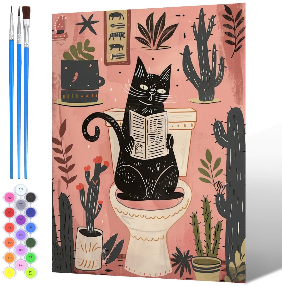 SnelShoppen - Schilderen op nummer kat op het toilet 30x40cm voor volwassenen en kinderen, doe-het-zelf acrylverf op canvas, perfect voor beginners, j