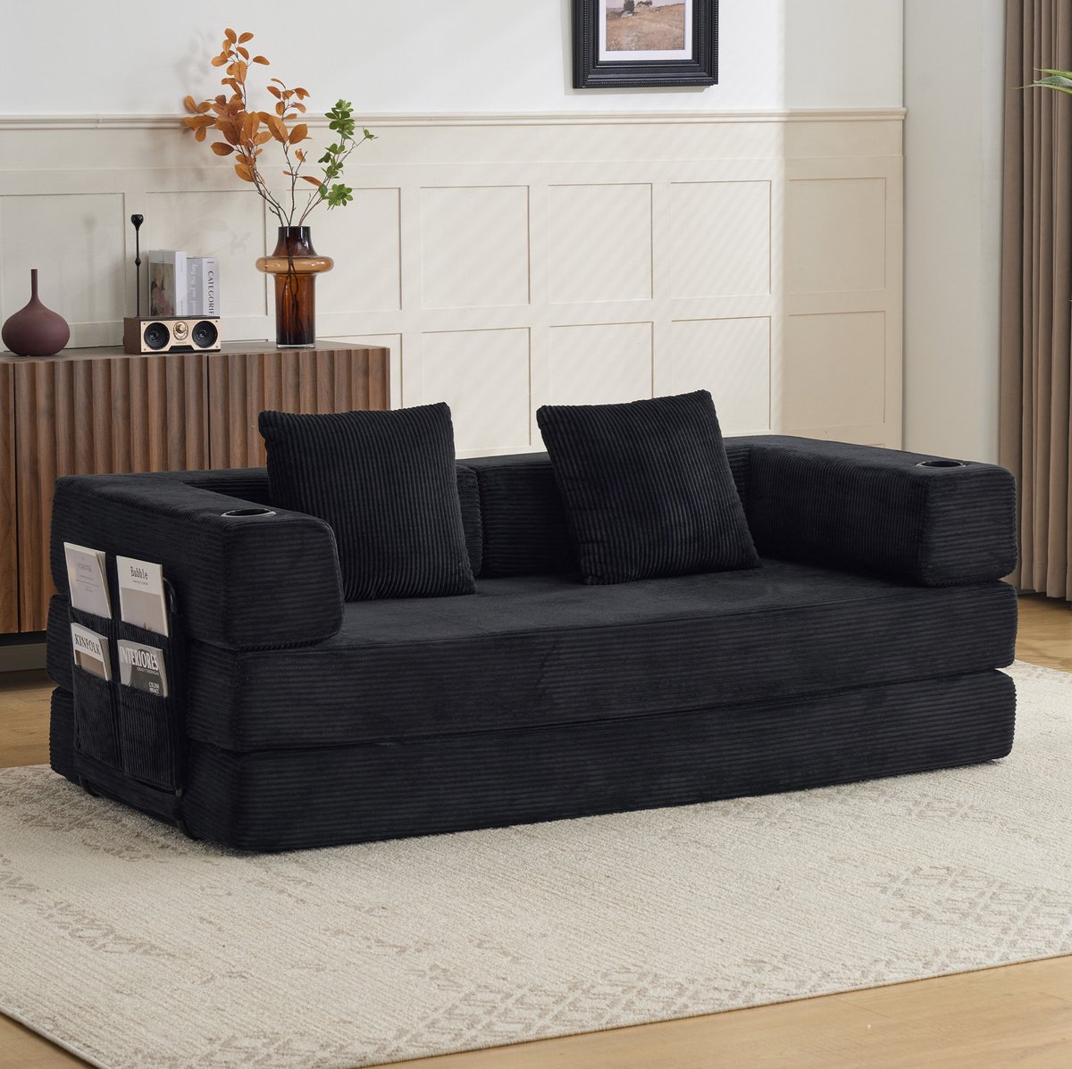 OKWISH Slaapbank 2-Zits 185 X 92,5 X 60 Cm - Uitklapbare Vloerbank Met Kussens, Bekerhouders En Zijvakken - Corduroy - Zwart