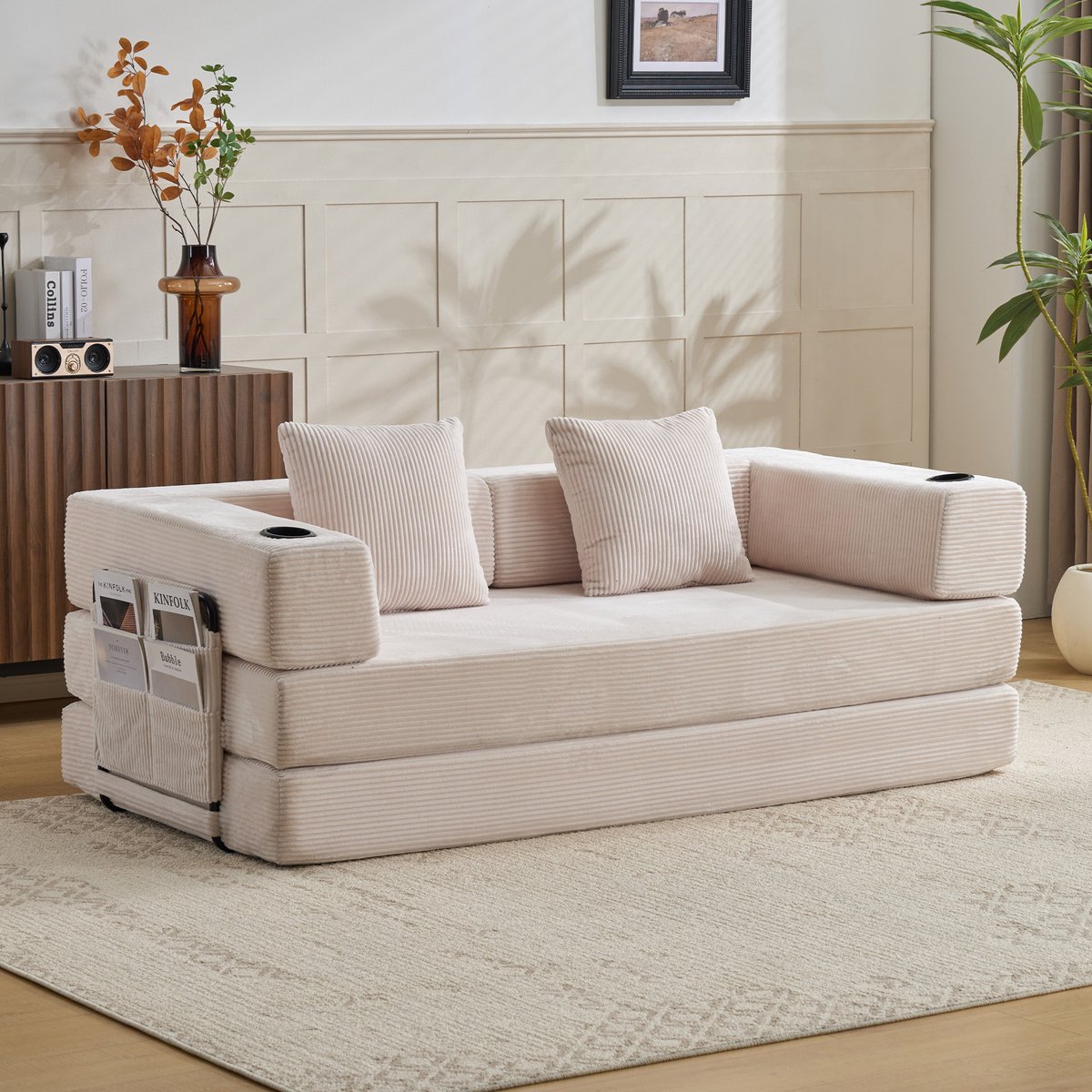 OKWISH Slaapbank 185 x 92,5 x 60 cm - Opvouwbare 2-Zits Vloerbank Met Bekerhouder En Zijvak - Woonkamer Of Slaapkamer - Corduroy - Wit