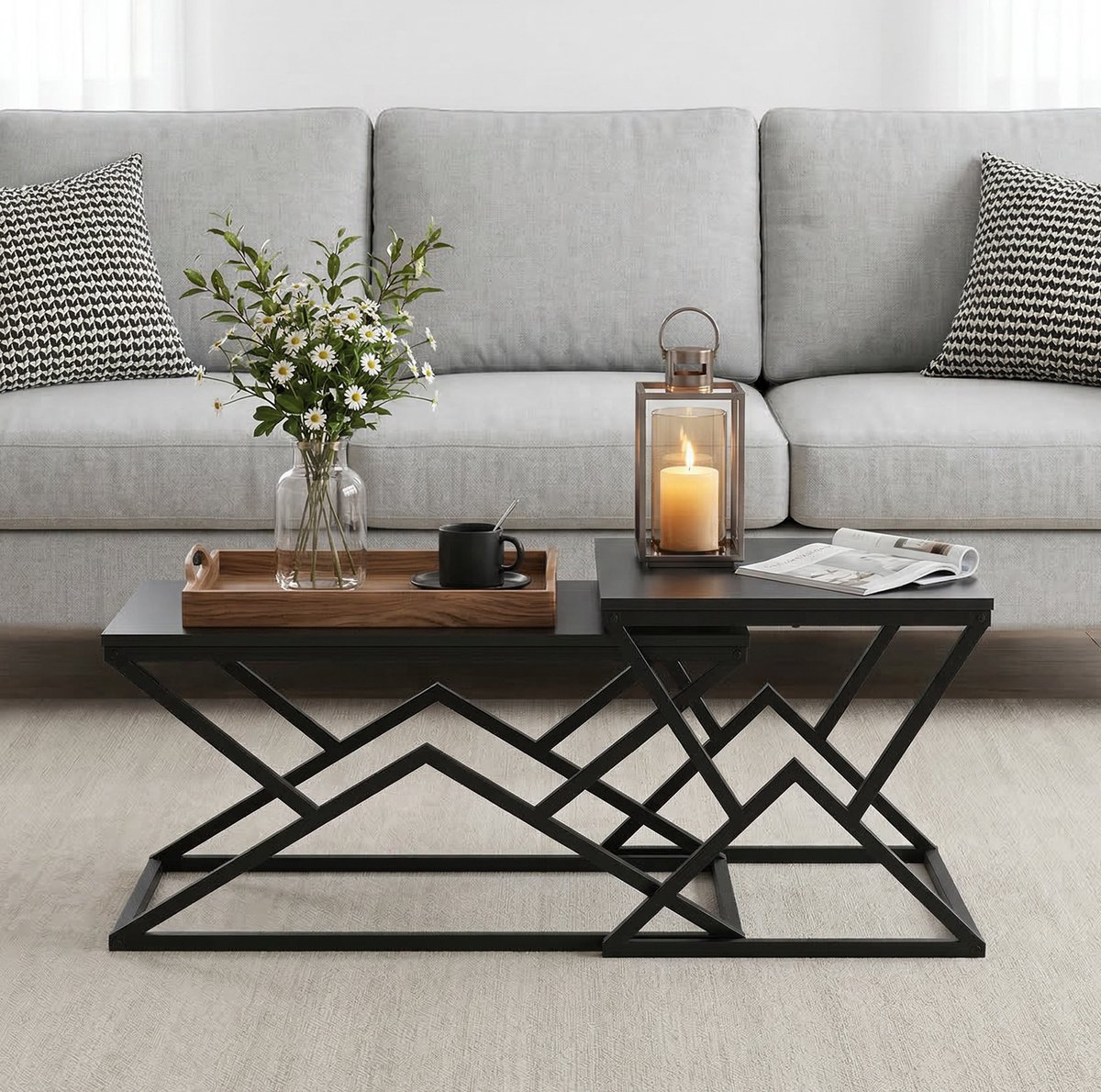 DESMIU Salontafel - Zwart Geometrisch Design Met Metalen Frame En Spaanplaat - Voor Woonkamer En Lounge - 80 X 50 X 40 Cm