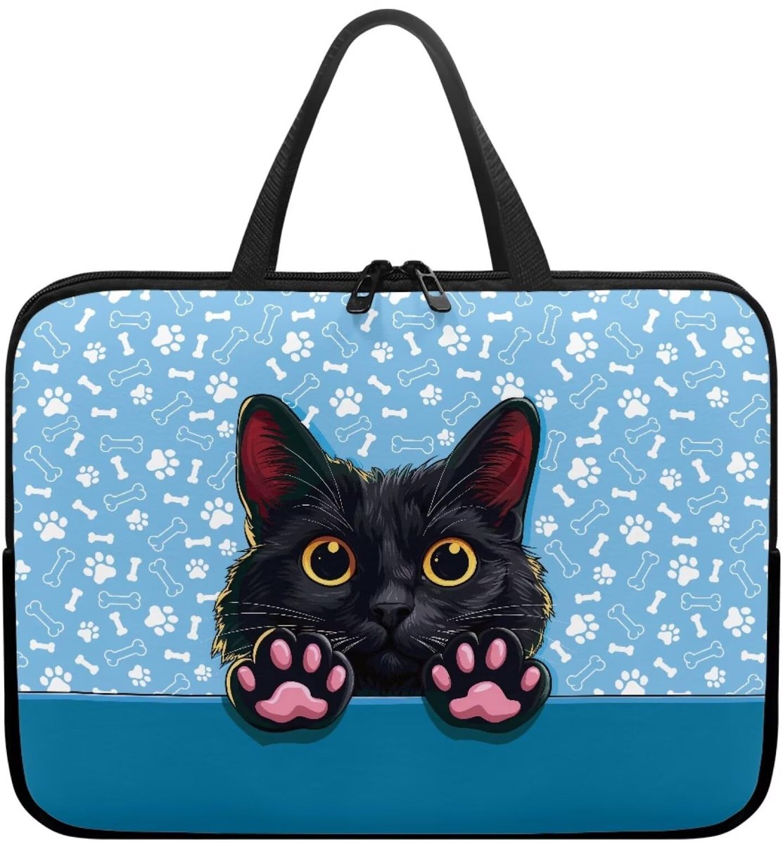SnelShoppen - Laptophoes met Zwarte Kattenpoot en Blauwe Print, 360° Beschermende Draagtas voor 10-17 Inch Tablet en Laptop, Met Handvat, Ideaal voor