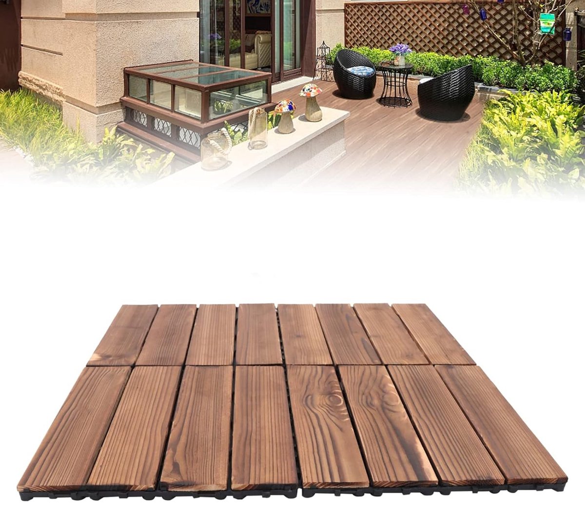 Set van 36 Houten Tegels 30.2 x 30.2 cm Klik Tegels Bruin voor Doe-Het-Zelf Terrassen, Balkons en Tuinen