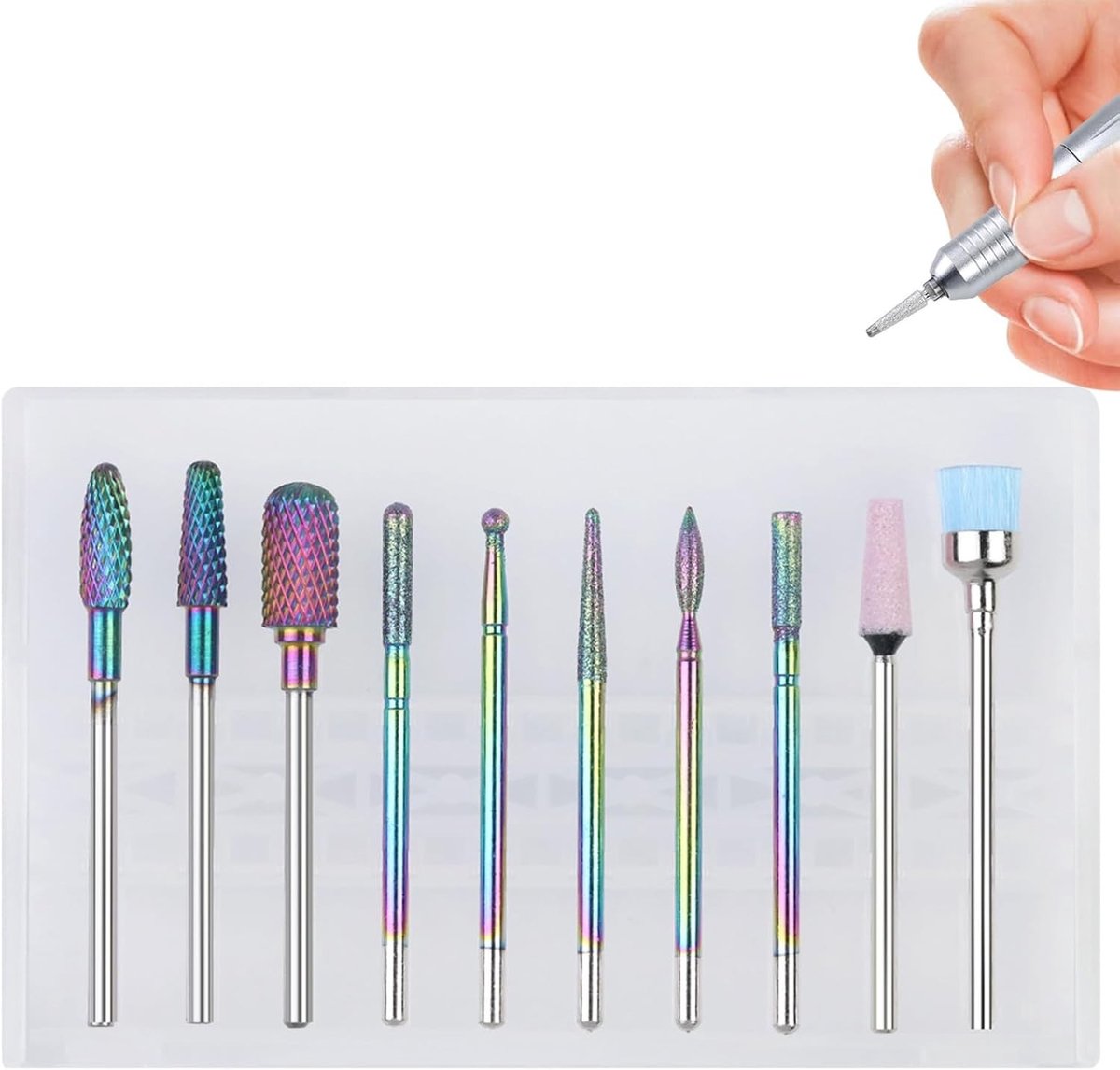 Set van 10 nagelfreesbits, gekleurde nagelpolijstkop van titanium en tungsten staal, manicure en pedicure gereedschap voor professionele nageltechnici en nagelkunst