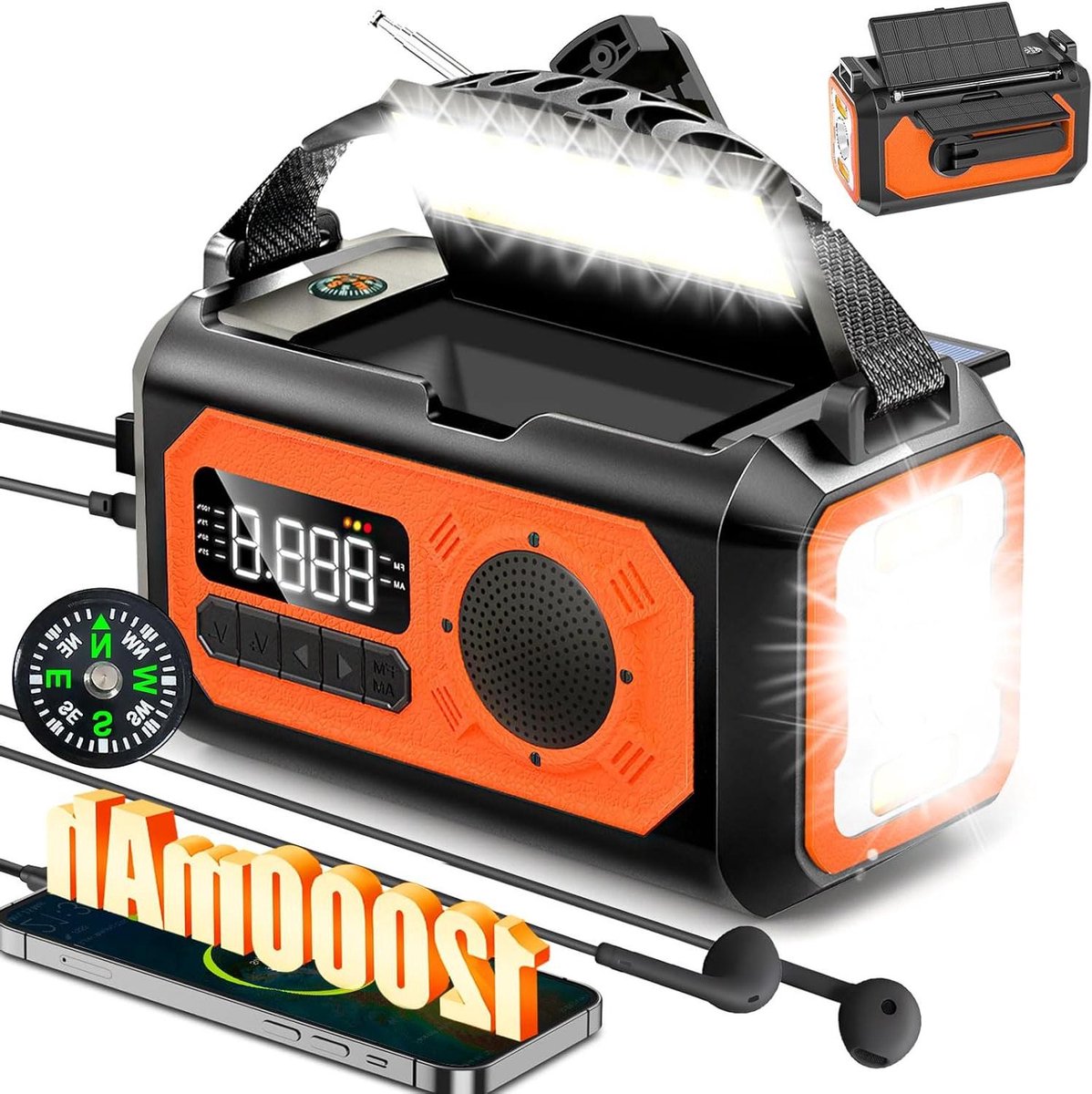 Noodradio - Solar radio - Noodsituaties - 12000mAh Dubbele Zonnepanelen - 15x8x8.5cm - Oranje