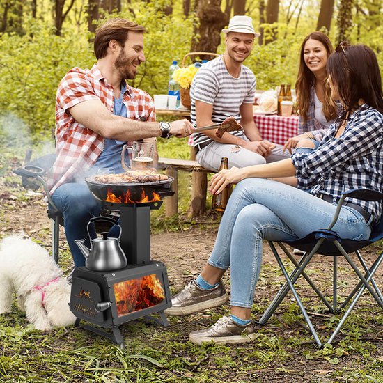 SnelShoppen - Draagbare Houtkachel Raketoven Outdoor met 2 Kookvlakken, Kijkvenster, Aspan - Tentoven, Campingoven voor Tuin en Camping, Zwart — afbeelding 4