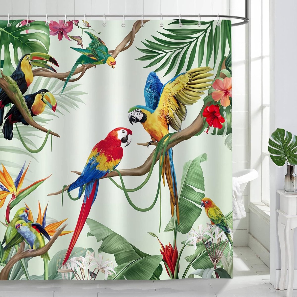 SnelShoppen - Douchegordijn Tropische Vogels Papegaai Toekan Palmbladeren 180 x 200 cm Schimmelwerend Waterdicht Polyester Wasbaar Badkamergordijn Met